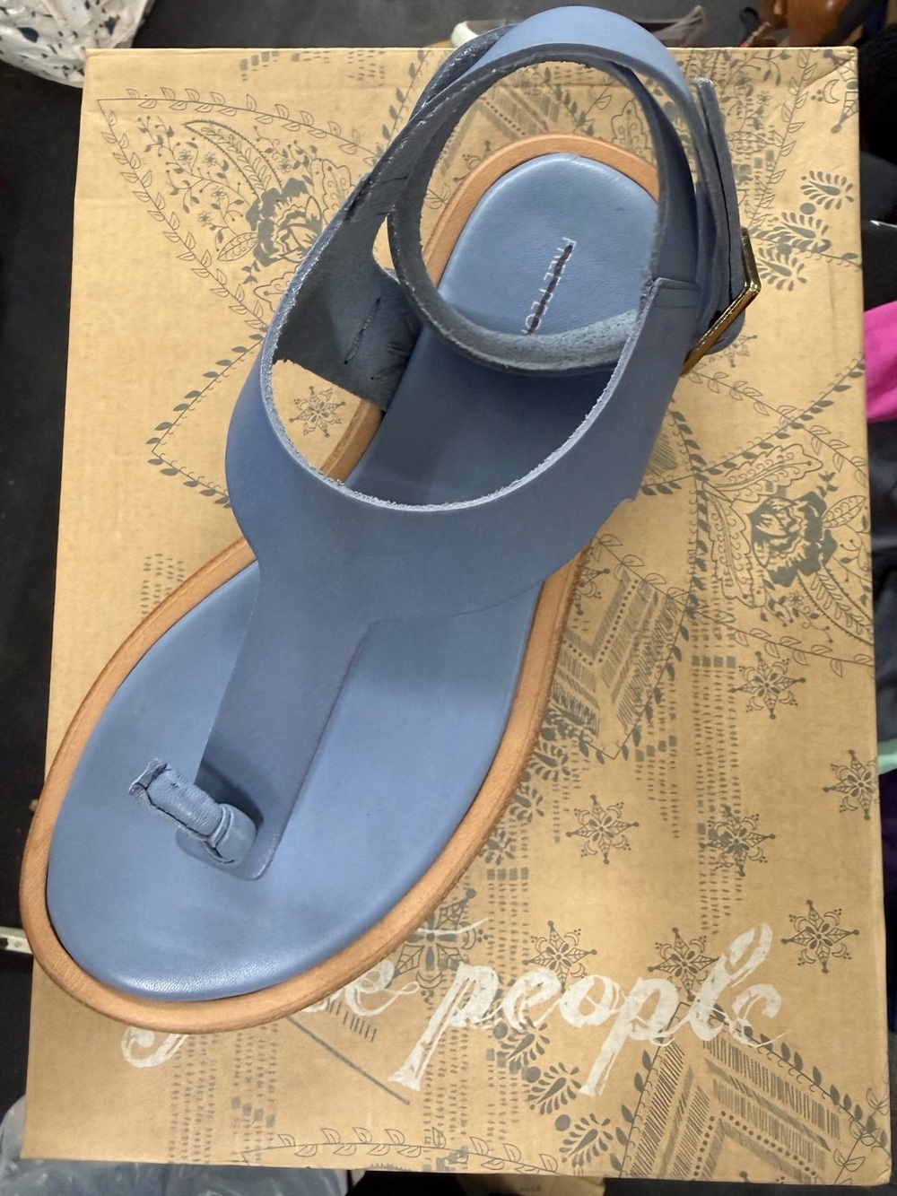 Free People Evie Wrap Seascape Leather Toe-Loop Sandals with Tan Trim